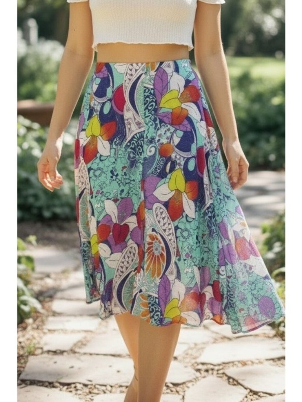 Vintage Casual Studio Multicolor Floral Paisley Silk Blend Midi Skirt Boho L